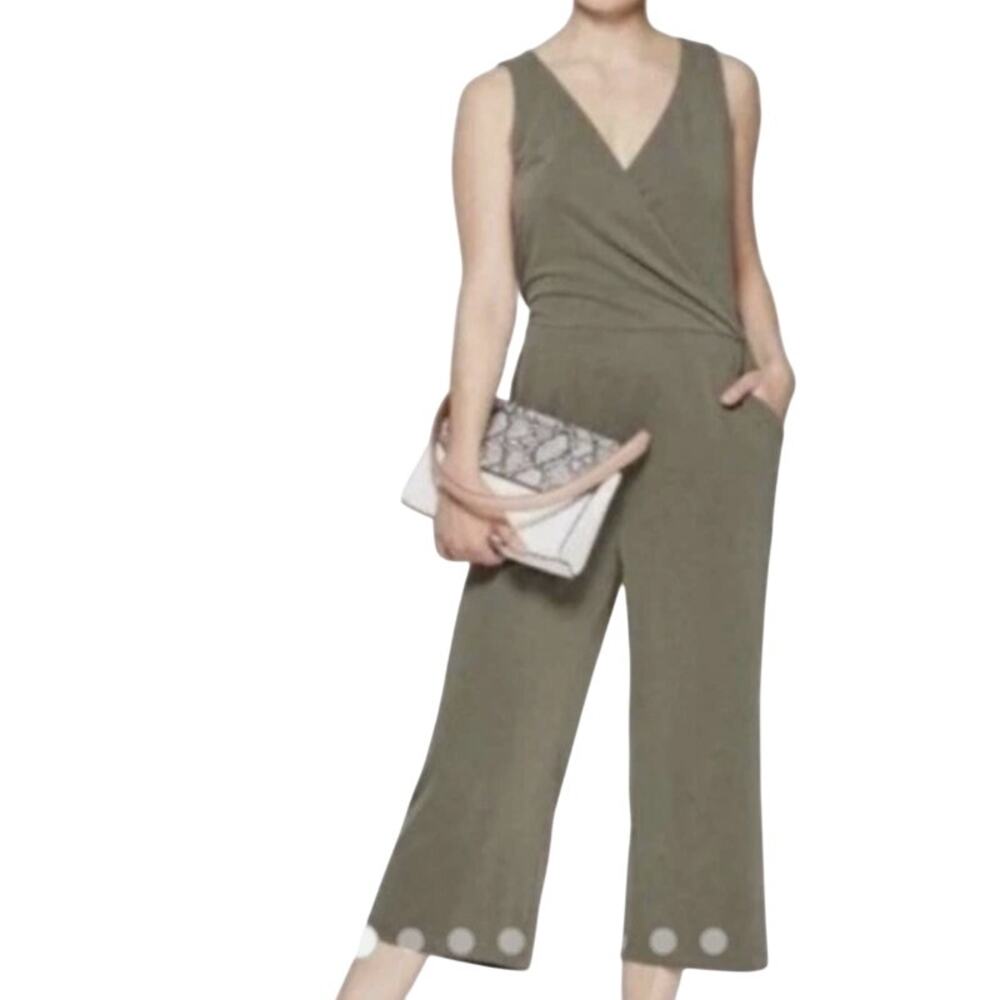 A New Day Olive Green Gray Stretch Crossover Jumpsuit Wide Leg & Pockets L 2384